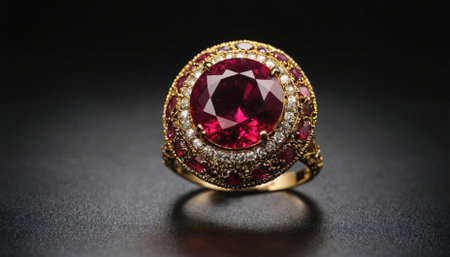 A close-up view of a gold ring set with a large, red gemstone surrounded by smaller diamonds and rubiesの素材