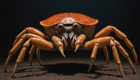 A large, orange crab stands on dark ground, its claws raised in front of its bodyの素材