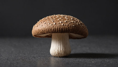 A single shiitake mushroom sits on a dark surfaceの素材
