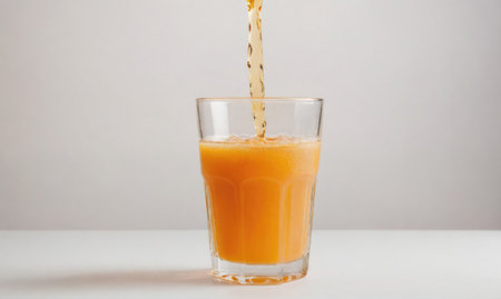 Orange juice is being poured into a glass on a white tableの素材