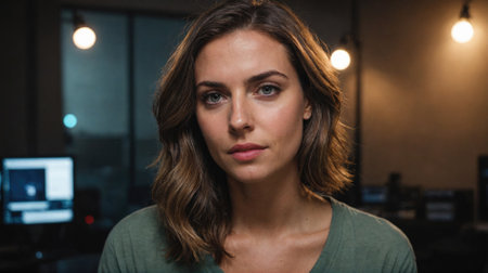 A woman with brown hair looks directly at the camera in an office settingの素材