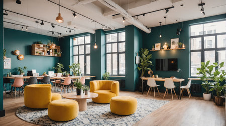A modern office space with teal walls and natural lightの素材