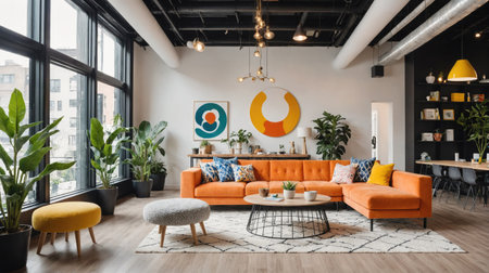 A modern living room with an orange sectional sofa, a coffee table, and an area rugの素材