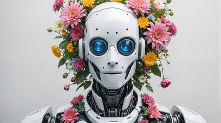 A white robot with blue eyes is adorned with a crown of colorful flowersの素材
