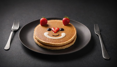 A smiling pancake with strawberry ears sits on a black plateの素材