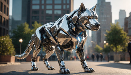 A robotic dog stands on a city street, its chrome exterior gleaming in the sunlightの素材