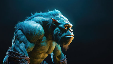 A blue gorilla stands against a dark background, illuminated by a bright lightの素材
