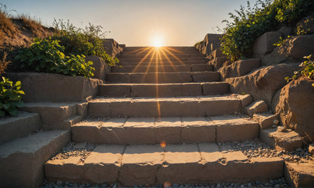 Stone steps lead up to a bright sunset in the distanceの素材