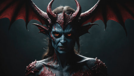A woman with red horns and wings stares intensely at the cameraの素材