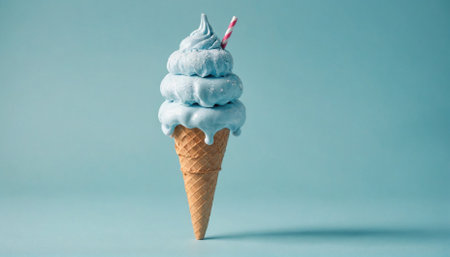 A melting blue ice cream cone stands on a light blue backgroundの素材