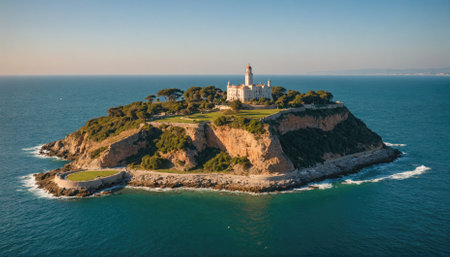 An aerial view of a small island with a white building on top, taken on a sunny dayの素材