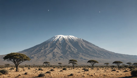 Mount Kilimanjaro stands tall against a clear blue sky, its snow-capped peak contrasting with the dry savanna belowの素材