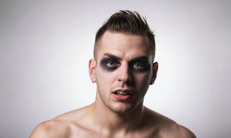 A man with a black eye looks directly at the cameraの素材