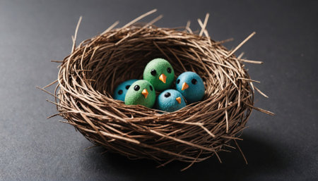 A small birds nest sits on a dark surface, containing five colorful, ceramic eggsの素材
