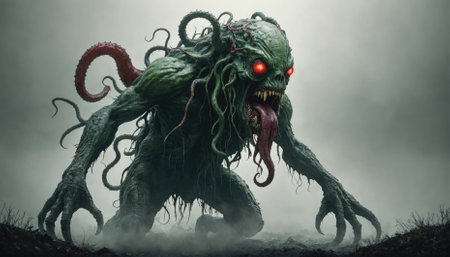 A monstrous creature with glowing red eyes crawls through the fog, its long, sharp claws outstretchedの素材