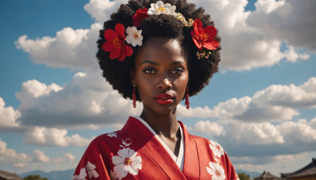 A woman in a red kimono with white flowers stands against a blue sky with fluffy white cloudsの素材
