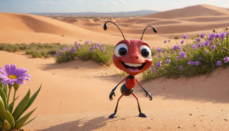A cartoon ant smiles in a desert landscape with purple flowers and sand dunesの素材