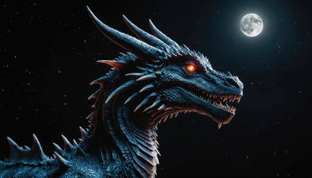 A blue dragon stares up at the full moon on a dark nightの素材