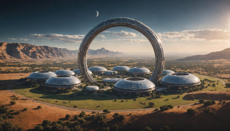 A futuristic city is surrounded by dome structures and a large ring-shaped buildingの素材