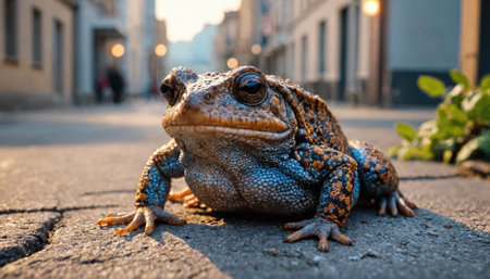 A large toad sits on the pavement in front of a row of buildings in the cityの素材