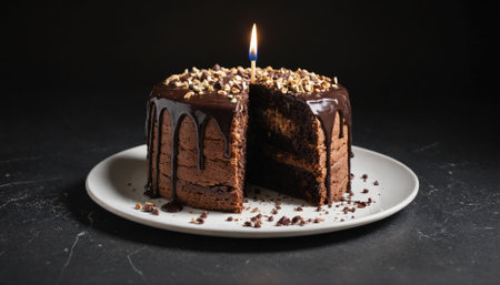 A single lit candle sits atop a chocolate cake with a single slice missingの素材