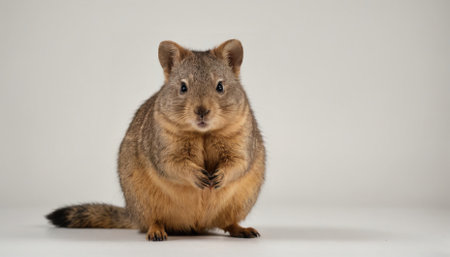A quokka sits upright, its front paws clasped together, and stares intently at the cameraの素材