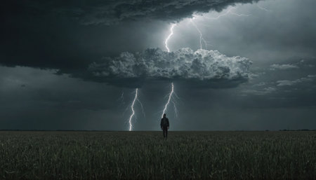 A lone figure stands in a field, watching a storm roll inの素材