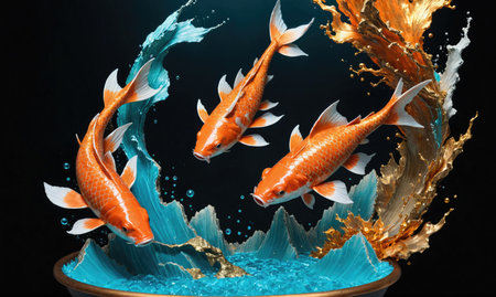 Three orange koi leap from a blue and gold waveの素材