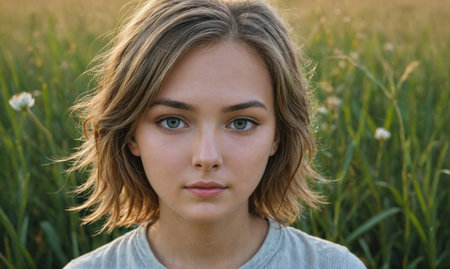 A young woman with light brown hair stands in a field of tall grass and looks directly at the cameraの素材