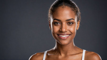 A woman with dark brown hair and a white tank top smiles at the camera against a gray backgroundの素材