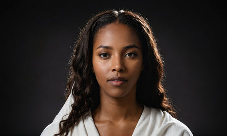 A young woman with long, dark hair looks directly at the camera while standing in front of a black backdropの素材