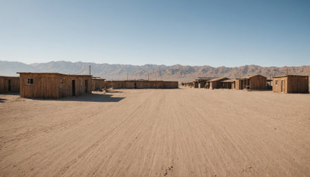 A row of simple wooden buildings stands in a desert landscape with mountains in the backgroundの素材
