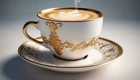 A steaming cup of coffee sits on a decorative saucer, ready to be enjoyedの素材