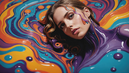 A woman lies submerged in a vibrant pool of swirling paint, her face gazing directly at the camera with a hint of mysteryの素材