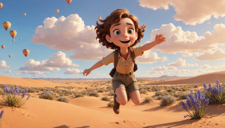 A young girl jumps in the air, arms outstretched, as hot air balloons fly overhead in a desert landscapeの素材