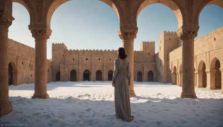 A woman stands in a snowy courtyard surrounded by ancient arches and tall buildingsの素材