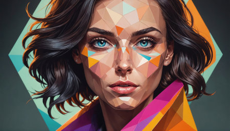 A woman with short dark hair and bright blue eyes stares intensely at the viewer. Her face is adorned with colorful geometric shapesの素材