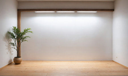 A potted plant sits in the corner of a white room with wood floorsの素材