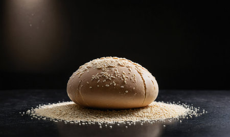 A freshly baked loaf of bread sits on a bed of flour, illuminated by a spotlightの素材