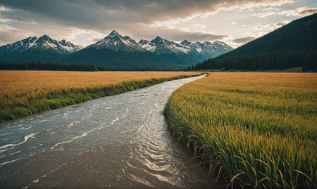 A winding river flows through a field of tall grass, with snow-capped mountains in the backgroundの素材