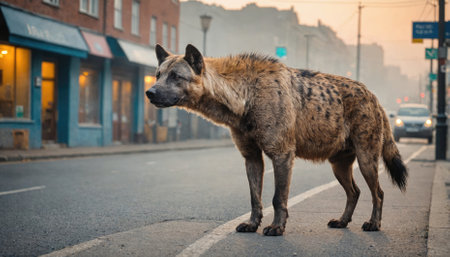 A hyena stands on a city street, looking towards the shops across the roadの素材