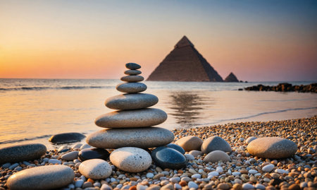 A stack of smooth stones sits on a pebbled beach with an ancient pyramid in the distance at sunsetの素材