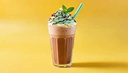 A tall glass of chocolate milk with a green straw in itの素材