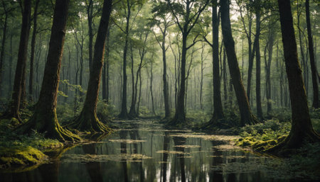A stream flows through a dense forest, sunlight filtering through the canopy to illuminate the waterの素材