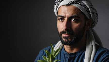 A man wearing a traditional head covering holds a sprig of greenery while looking directly at the cameraの素材