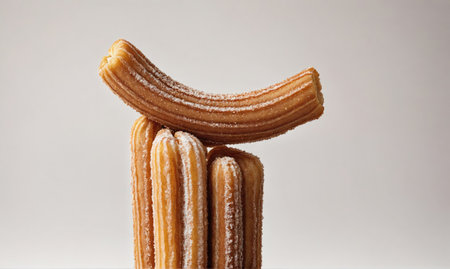 A stack of churros, dusted with powdered sugar, are arranged in a creative formationの素材