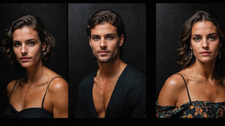 Three people pose for a photo in front of a black backgroundの素材