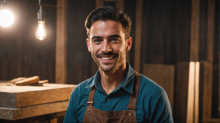 A smiling man wearing an apron stands in a workshopの素材