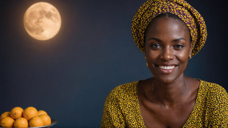 A woman in a yellow patterned dress smiles at the camera, illuminated by the full moon in the night skyの素材