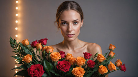 A woman with a bouquet of red and orange roses poses for a portrait in front of a string of lightsの素材